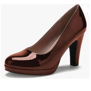 miss left Brown Low Platform Chunky High Heel Slip On Closed Round Toe Pump